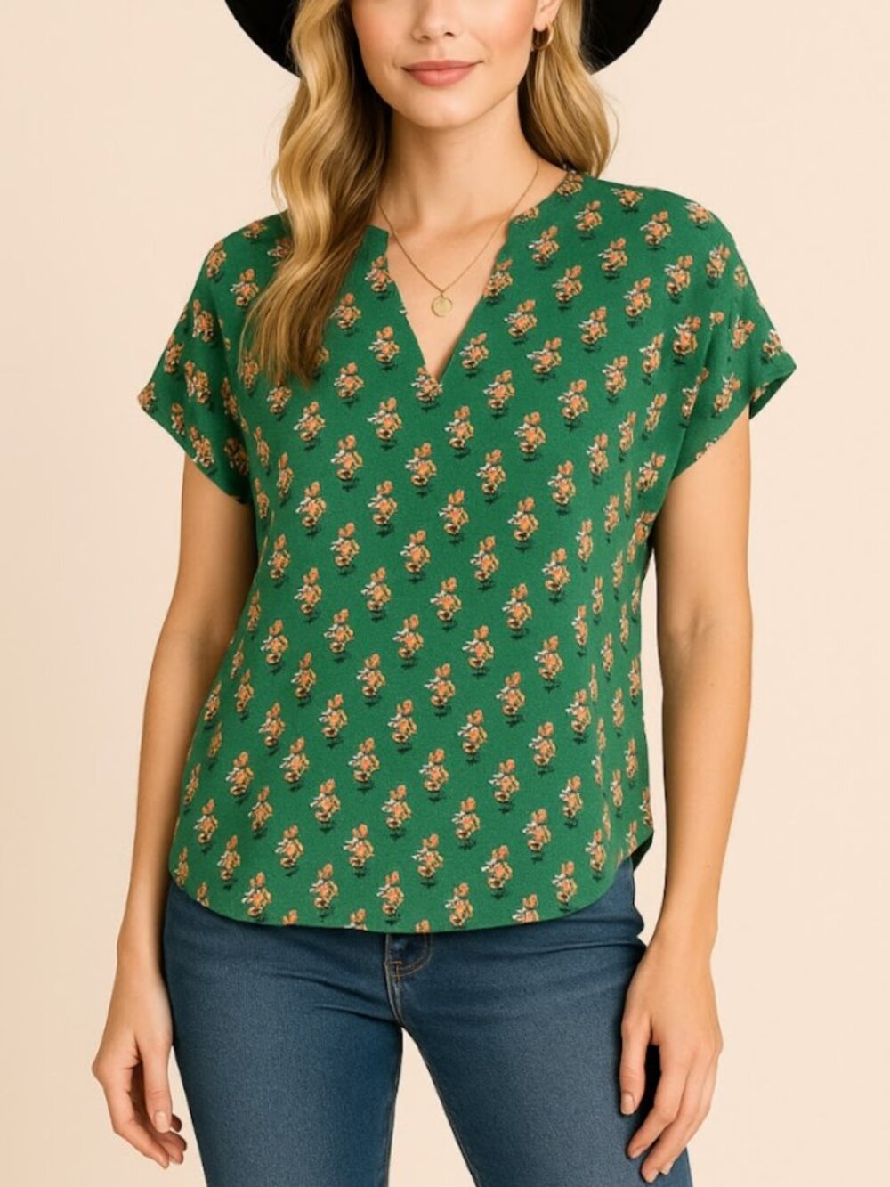 Cabi Green Floral Blouse Short Sleeve Flower Boho Cottagecore Shirt Top Size XS